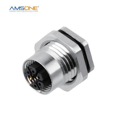 China AMSONE Military M12 M Code 3 4 5 6 Pin Panel Receptacle Waterproof Female Circular Connector Pin Contacts Brass Au Plating IP67 for sale