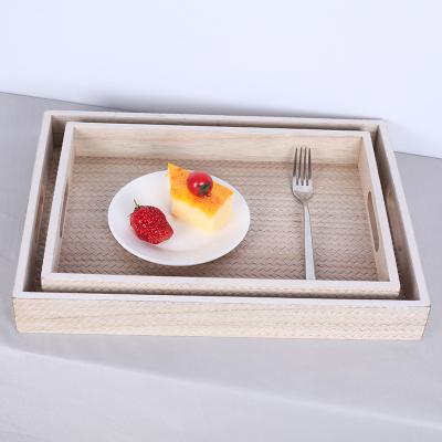 China Wholesale Custom Viable Wooden Tray Serving Weave Pattern Restaurant Home Decor Wooden Tray 2pcs Metal Handles Home Decor Tray for sale