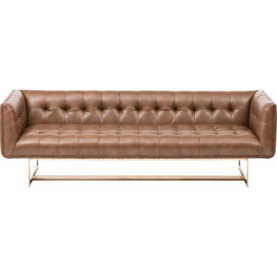 China Comfortable Italian Luxury Gold Stainless Steel Legs Brown Chesterfield Cowhide Leather Three Seater Sofa for sale