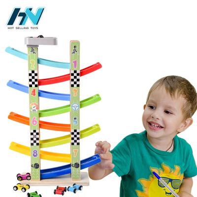 China Eco-friendly Material Hot Selling Wooden Eight-layer Sliding Race Pulley Kids Wooden Race Track Car With Cars for sale