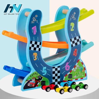 China Eco-friendly Material Hot Toddler Wooden Ramp Runner Toys Race Track Car U Type Wooden Ramp With Mini Cars for sale