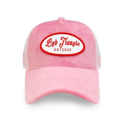 China JOINT Custom Applique Embroidery Hat 5 Panel White Pink Velvet Trucker Hat for sale