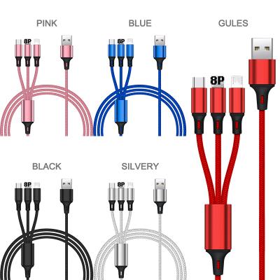 China Factory Wholesale Multi Function Data Transfer Cable 3 In 1 Charging Micro USB Type-C Data Wire Cable 8pin Three-in-One Fast Charging Nylon Braided Data Cable for sale