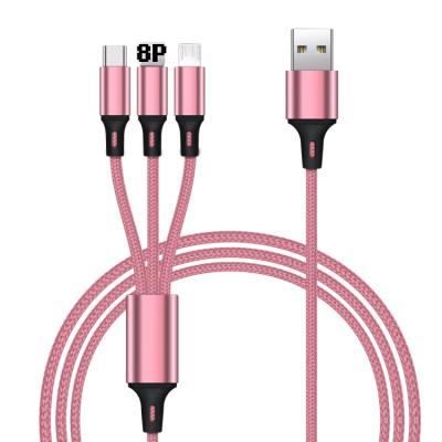 China Product 1.2M Colorful Nylon Braided Mobile Phone Etc.electronic Charging Kabel 3 in 1 Usb Cable For iphone Cable for sale