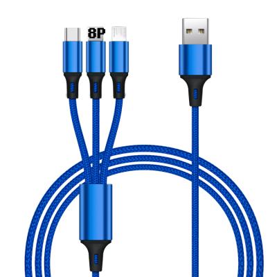 China Durable 3 in 1 Universal Nylon Braided Cable Multi Charging 3 in 1 USB Data Cable Fast Charging Adapter Cable for Mic for Android for iPhone Charging for sale