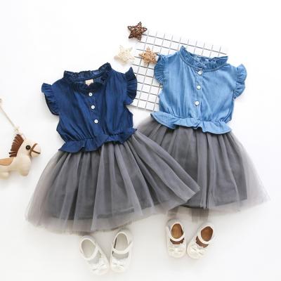 China New 2018 Breathable Mesh Patchwork Sleeve Toddler Kids Dresses Princess Girl Dress Denim Long Clothes Girl Dress for sale