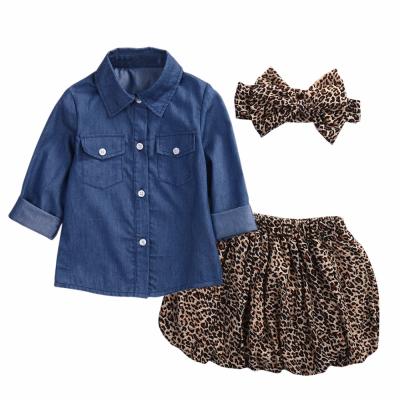 China 3PCS Antibacterial Set Cute Babies Clothes Kids Denim Tops Leopard Culotte Skirt Outfits Kids Girl Clothing Set for sale