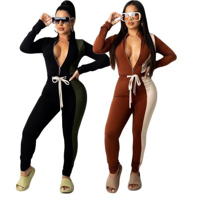 China Fashion Autumn/Winter Patchwork Zipper Front Long Sleeve Women's Overalls Fitness Playsuits Breathable One Piece Rompers for sale