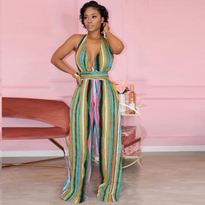 China Mullti Anti-Static Colored Striped Halter Wide Leg Pant Overalls For Women for sale