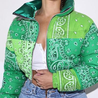 China 2021 Fashion Sustainable Patchwork Printed Cropped Coats Winter Down Coat Ladies Women Crop Bubble Puff Jacket For Women for sale