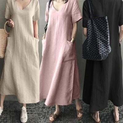 China Autumn Literature Art Women's Retro 2021 Breathable Cotton National Style and Elegant Casual Dresses Large V-Neckline Canvas Swing for sale