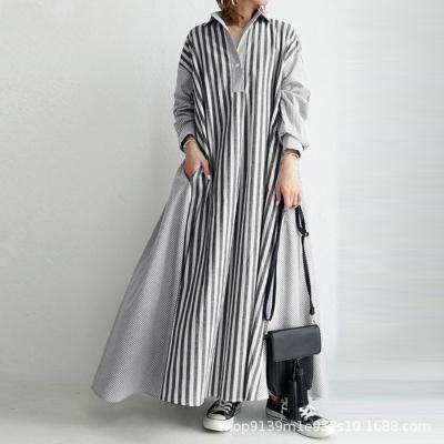 China 2021 breathable European and American women turn down collar long sleeve striped long loose loose shirt dress for sale