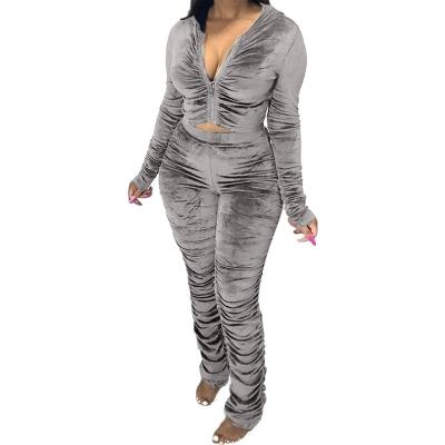 China Sustainable Women's Autumn Winter Pleuche Outfit Long Sleeve Tracksuits Sweatsuit Stacked Pants Two Piece Set for sale