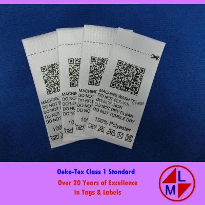 China Sustainable Polyester Printed Satin Care Label With QR Code for sale