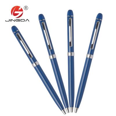 China Promotional custom blue screen metal silk ballpoint pen OEM logo thin ballpoint pen for hotel for sale