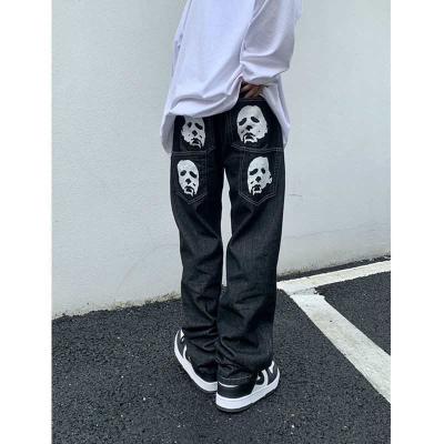 China Viable Hot Sale Jeans With Print Man Skeleton Pants Hip Hop Black Vintage Streetwear Tapered Mens Denim Pants for sale