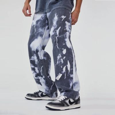 China Hot Selling High Street Breathable Loose White Washed Tube Straight Tie Dyed Denim Mens Jeans for sale