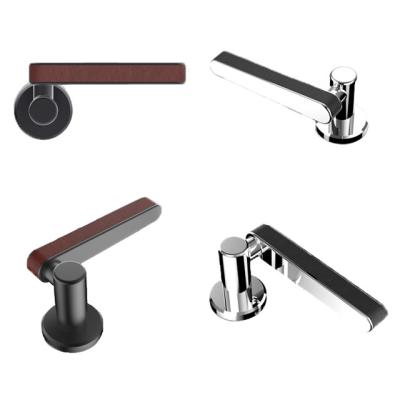 China Modern Zinc Alloy Leather Mortise Door Lever Handle On Round Rosette For Interior Door for sale