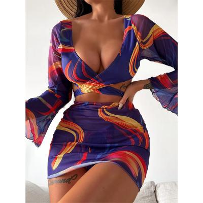 China 2022 African Women's Sexy Swimwear Cross Back Custom Printed Bikini 3 PC Swimsuit for sale