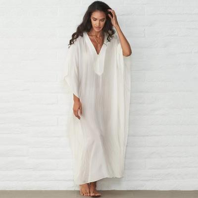 China Kaftan V Plain Beach Wear Anti-UV White Deep Cover Up Summer Beach Dress 2022 for sale