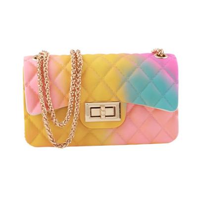 China Fashion Rainbow Color Diamond Chain Bag Small Diagonal Female Square Gradient Color Jelly Bag for sale