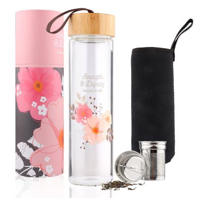 China Sustainable Double Wall Borosilicate Tea Infuser Glass Water Bottle With With Neoprene And Bamboo Sleeve Lid for sale