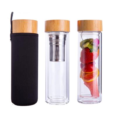 China BPA Free Viable Promotional Glass Double Wall Water Bottle Loose Leaf Tea Infuser Bottle With Bamboo Lid for sale