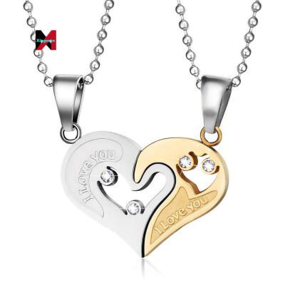 China 2 Pieces/set Cute Personalized Jewelry Heart Jewelry Crystal Matching Double Heart Pendant Women Men's Letter Necklaces I Love You Couple for sale