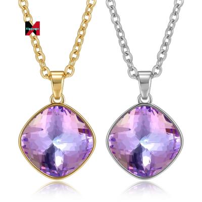 China Stainless Steel Durable Diamond Shaped Birthstone Pendant Necklace Violet Blue Crystal Gem Necklace Valentine's Day Gift for sale