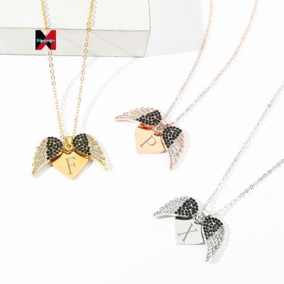 China New FASHIONABLE design Angel Wings Heart Shape Custom lettering Diamond Wings Statement Necklace colorful for sale