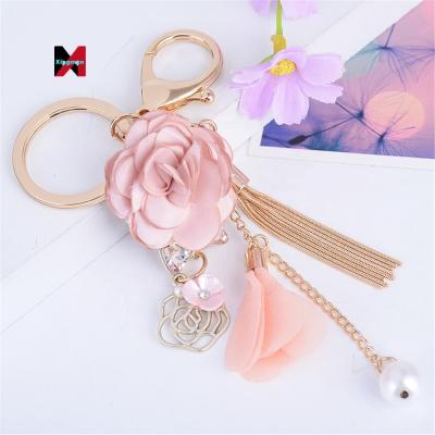 China Hot Selling Fashion Metal Fabric Korean Tassel Flowers Key Chain For Women Bag Accessories for sale