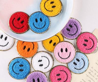 China 2022 Handmade Hot Selling Smiley Face Chenille Embroidery Colorful Self Adhesive Patches For Hat Jacket Clothes for sale