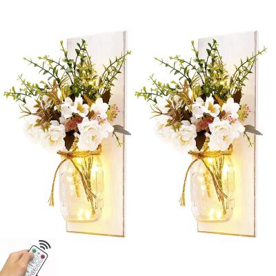 China Rustic Bohemian Wall Sconces Mason Jar Sconces Handmade Wall Art Hanging Design with Remote Control LED Fairy Lights and White Peony, Farmhouse for sale