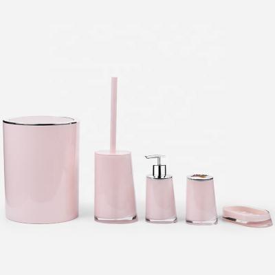 China Viable Home Hotel Acrylic Bathroom Set 5 PCS Toilet Brush Soap Dispenser Bathroom Accessories Set With Trash Can for sale