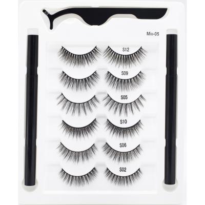 China Long NEW 6 Pair Natural / Set Reusable False Lashes With Eyeliner Water-activated Self Adhesive Eyelashes With Glue Natural Looking False Eyelash for sale