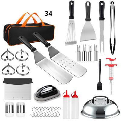 China Easily Cleaned 34 Pcs Fork Tong Brush Stainless Steel Bbq Grill Accessories Set Tool With Portable Bag for sale