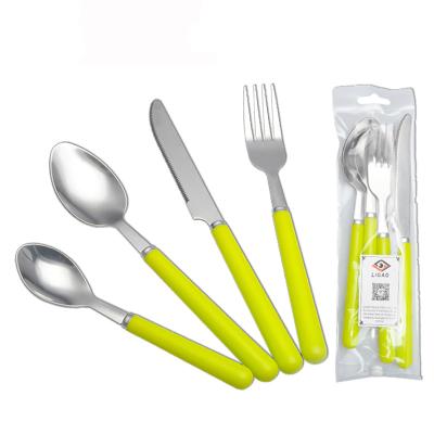 China Sustainable 4 Pcs Spoon Fork Knife Cutlery Handle Stainless Steel Flatware Plastic Spoon Sets for sale