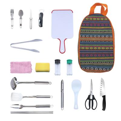 China Viable 18 Piece Stainless Steel BBQ Tool Kit Outdoor Cookware 9 Piece BBQ Tool Kit With Handle Picnic Bag for sale