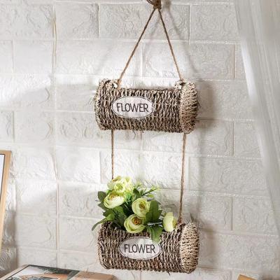 China Durable 2 Tier Hanging Small Woven Storage Basket Decor Wall Hanging Cotton Rope Storage Basket For Indoor Plant for sale