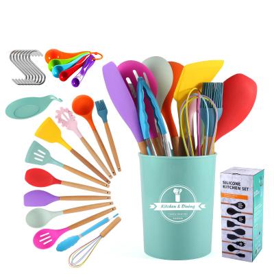 China Sustainable 15 Piece Sets Silicone Cookware Kitchen Utensil Set With Beech Handle for sale