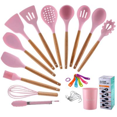 China Viable 12 Piece Kitchen Accessories Pink Silicone Spoon Utensils Cooking Sets Kitchen Utensils for sale