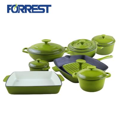 China Best viable selling enamel coated cast iron cookware set OEM 8pcs skillet casserole set for sale