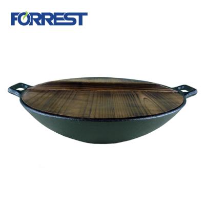 China Sustainable Cast Iron Hot Stir Fry Pan Flat Low Sale Wok With Wooden Lid For Cookware for sale