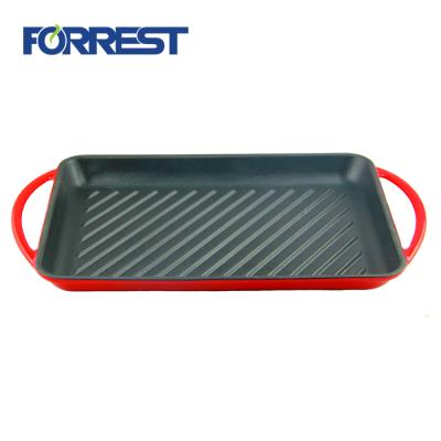 China Stocked Cast Iron Griddle Enameled Rectangular Cast Iron Grill Pan With Loop Handles for sale