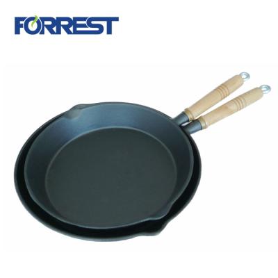 China Viable Popular Cast Iron Glazed Stir-Fry Pan Dish Frying Pan With Wooden Handle for sale