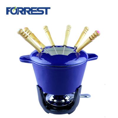 China Sustainable Cast Iron Fondue Set Red Enamel Coated Pot 10pcs for sale