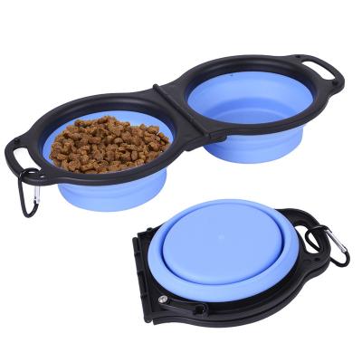 China New Sustainable High Quality Rubber Portable Double Folding Pet Bowl Pet Feeding Bowl Outdoor Travel Collapsible Dog Bowl for sale