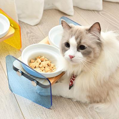 China Amazon Pet Sustainable Hot Selling Product Raised Double Ceramic Cat Food Bowls With Acrylic Holder for sale