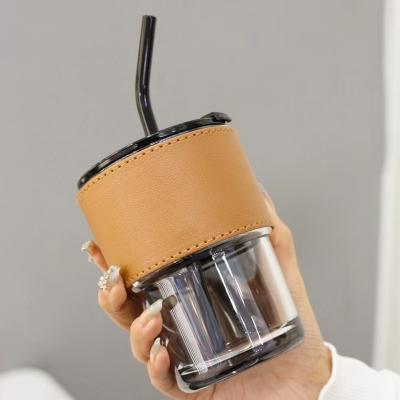 China Sustainable Transparent Glasses Stripe Glass Cup with Lid and Straw Ice Coffee Mug Tea Cup Drinkware Water Bottles Kitchen Accessories for sale