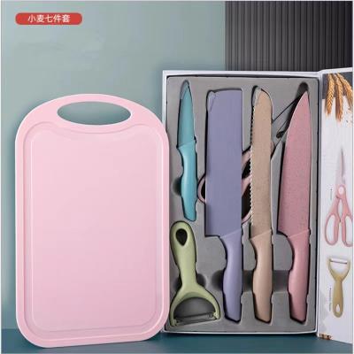 China Sustainable 7 PCS Wheatstraw Kitchen Knife Set Chef Knives Cleaver Knife Fruit Peeler Slicer Scissor board Set Macaron Color Stainless Steel for sale